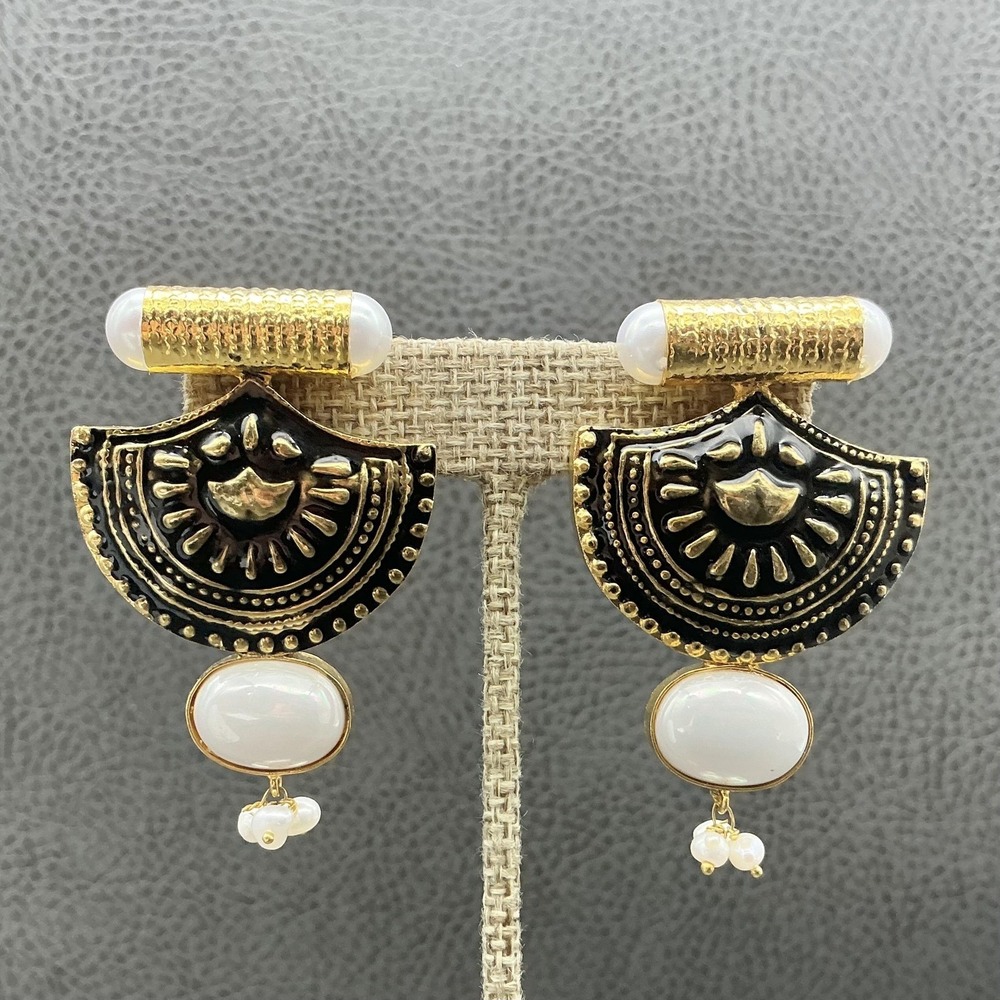 Earrings Statement Gold Tone Black Enamel Fan Sun Dangle White Faux Pearls 2.25"